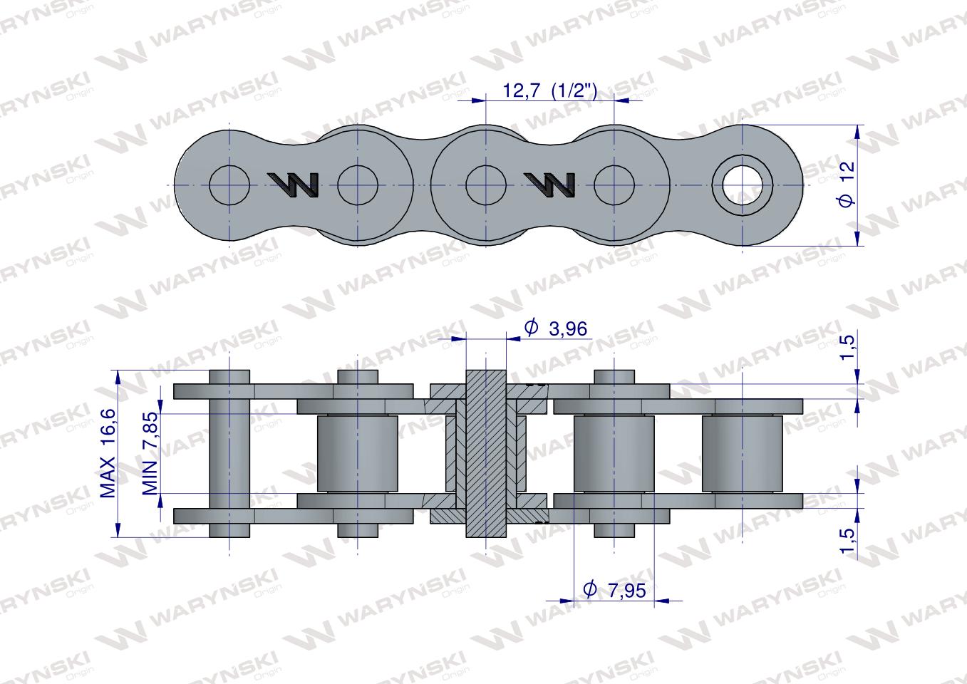 Łańcuch rolkowy wzmocniony 08A-1 ANSI A 40 (R1 1/2) 2.5 m Waryński