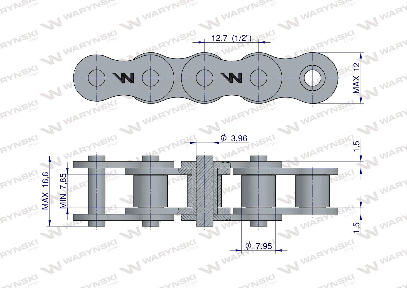 Łańcuch rolkowy wzmocniony 08A-1 ANSI A 40 (R1 1/2) 5m Waryński