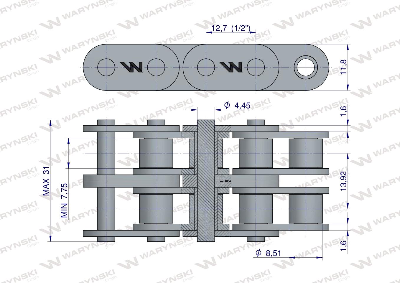 Łańcuch rolkowy prosta płytka 08B-2 (R2 1/2) 5 m Waryński