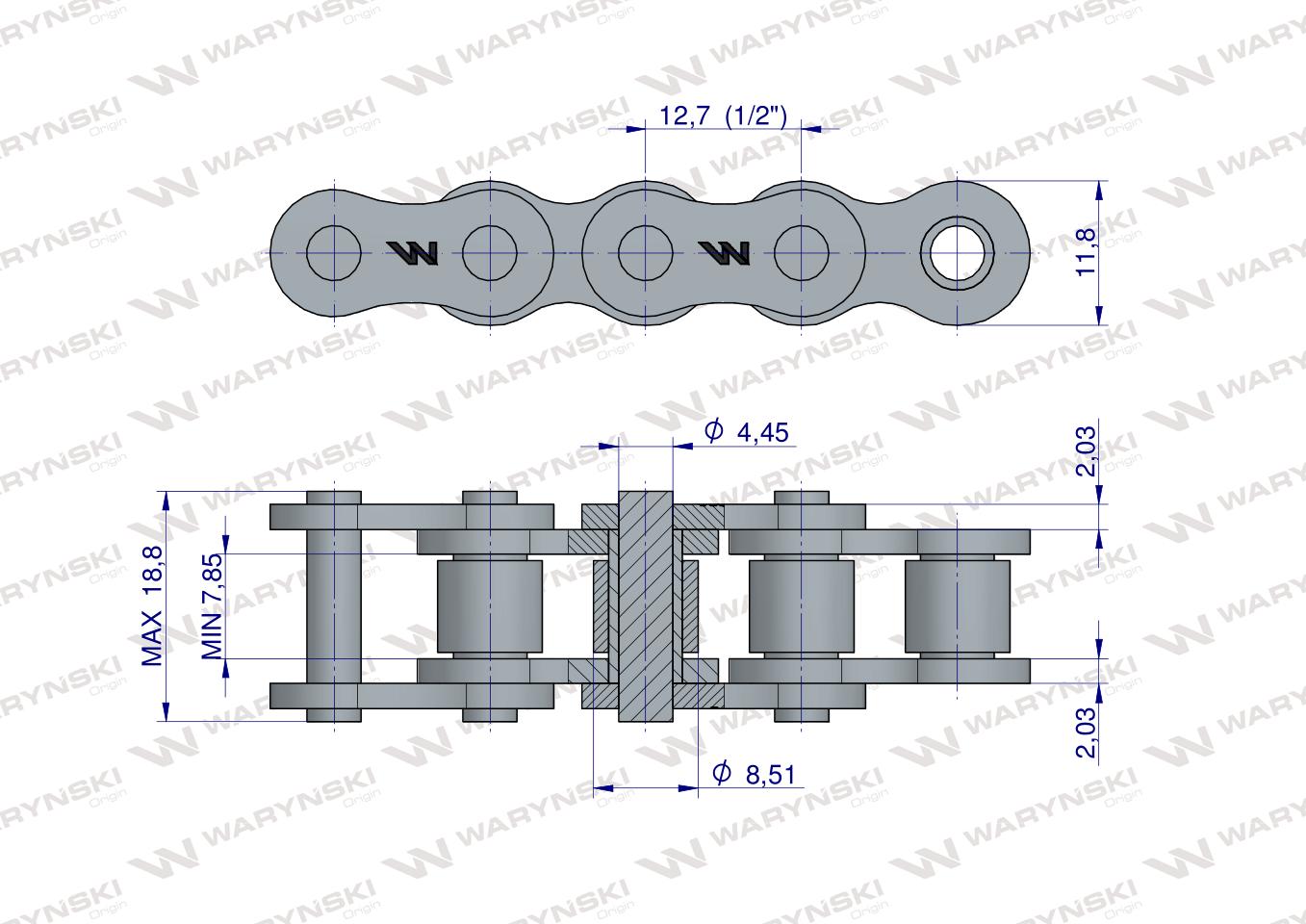 Łańcuch rolkowy wzmocniony przemysłowy 08BH-1 (R1 1/2) 2.5 m Waryński