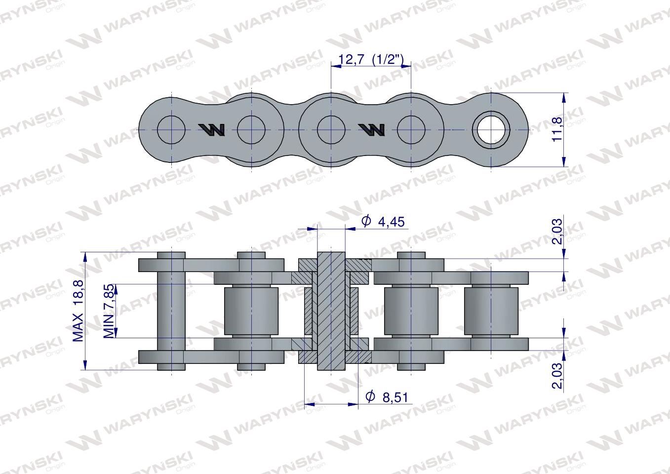 Łańcuch rolkowy wzmocniony przemysłowy 08BH-1 (R1 1/2) 5 m Waryński