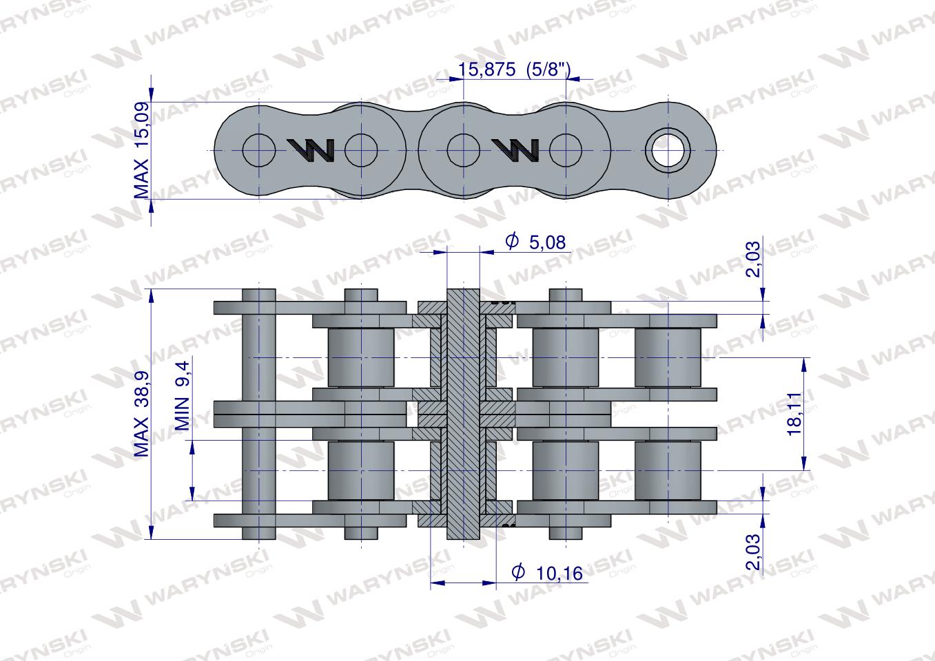 Łańcuch rolkowy wzmocniony 10A-2 ANSI A 50 (R2 5/8) 5 m Waryński