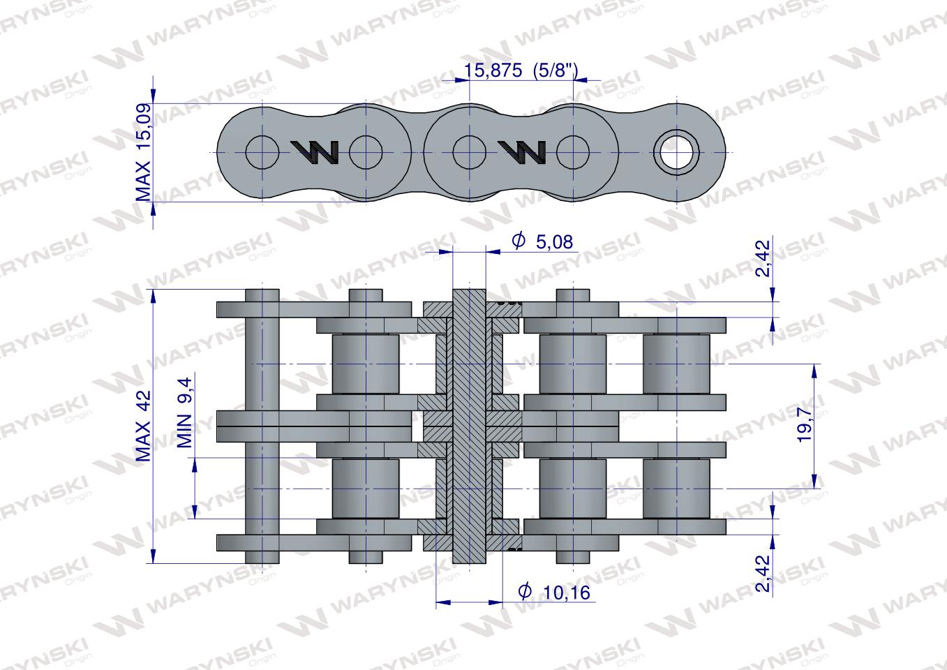 Łańcuch rolkowy wzmocniony przemysłowy 10AH-2 ANSI A 50H (R2 5/8) 5 m Waryński
