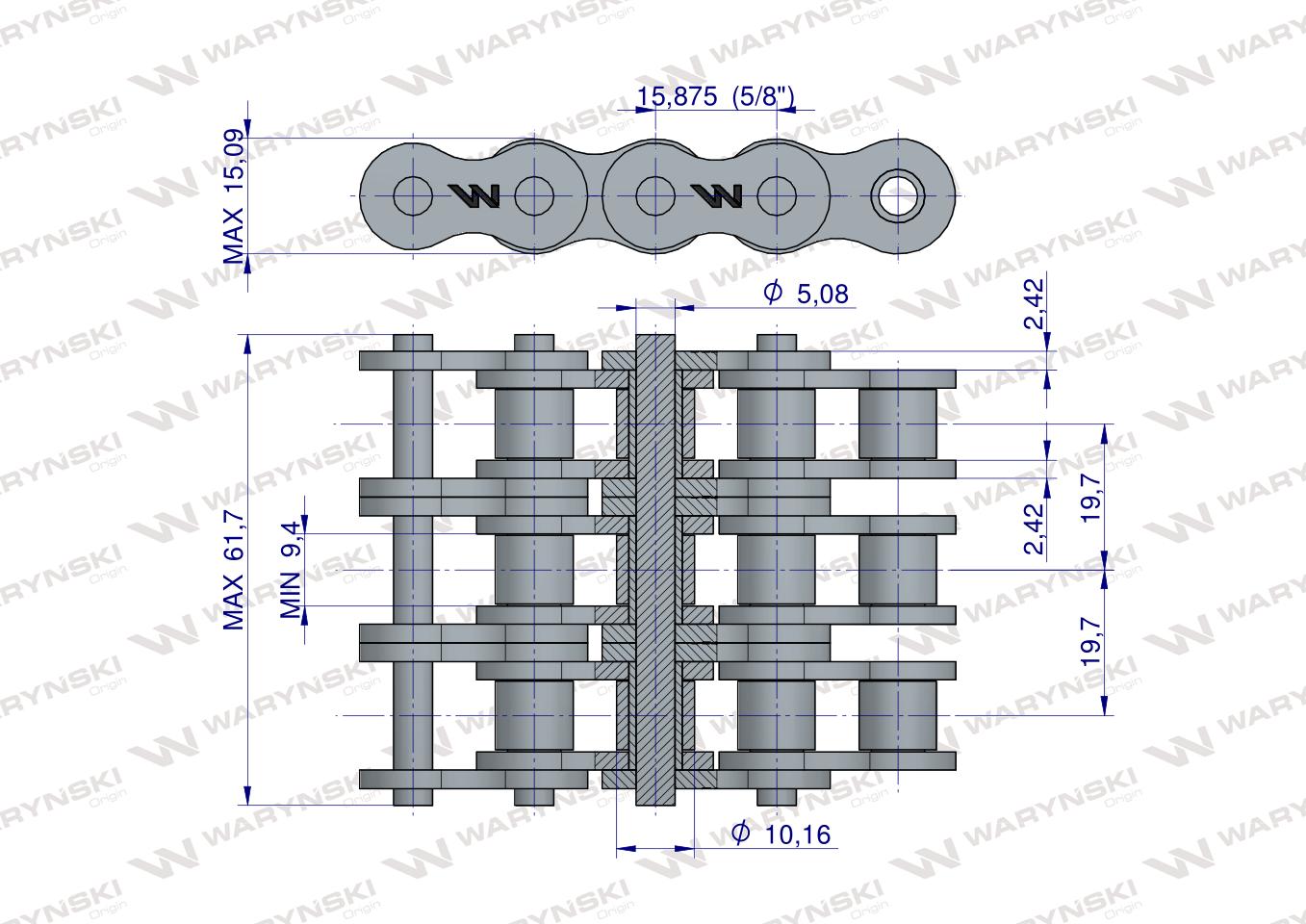 Łańcuch rolkowy wzmocniony przemysłowy 10AH-3 ANSI A 50H (R3 5/8) 5 m Waryński