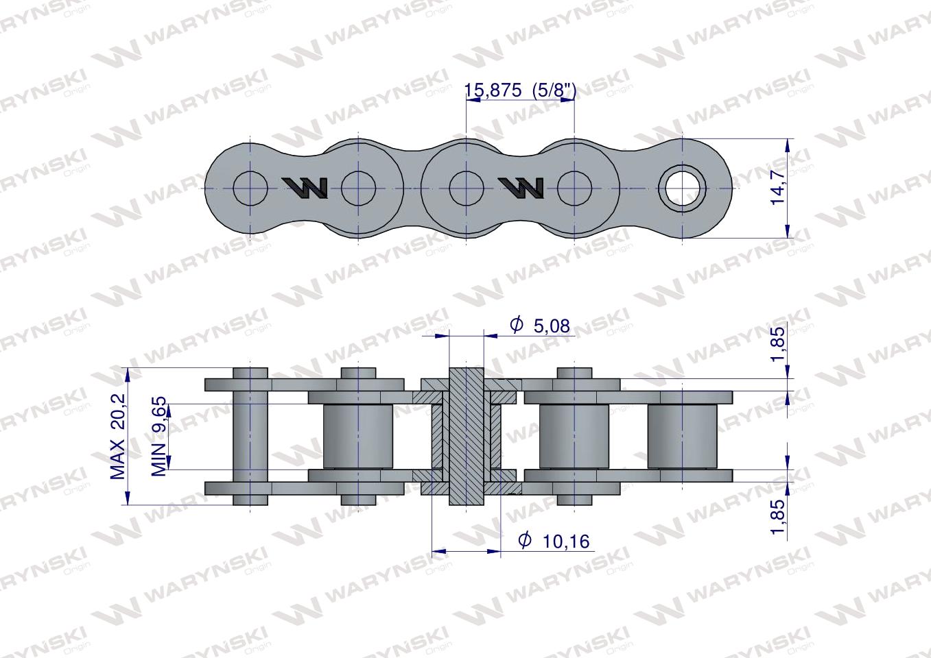 Łańcuch rolkowy wzmocniony przemysłowy 10BH-1 (R1 5/8) 5 m Waryński