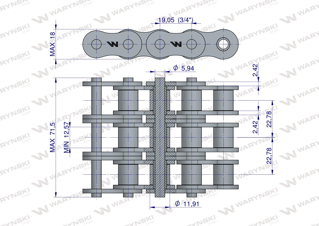 Łańcuch rolkowy wzmocniony 12A-3 ANSI A 60 (R3 3/4) 5 m Waryński