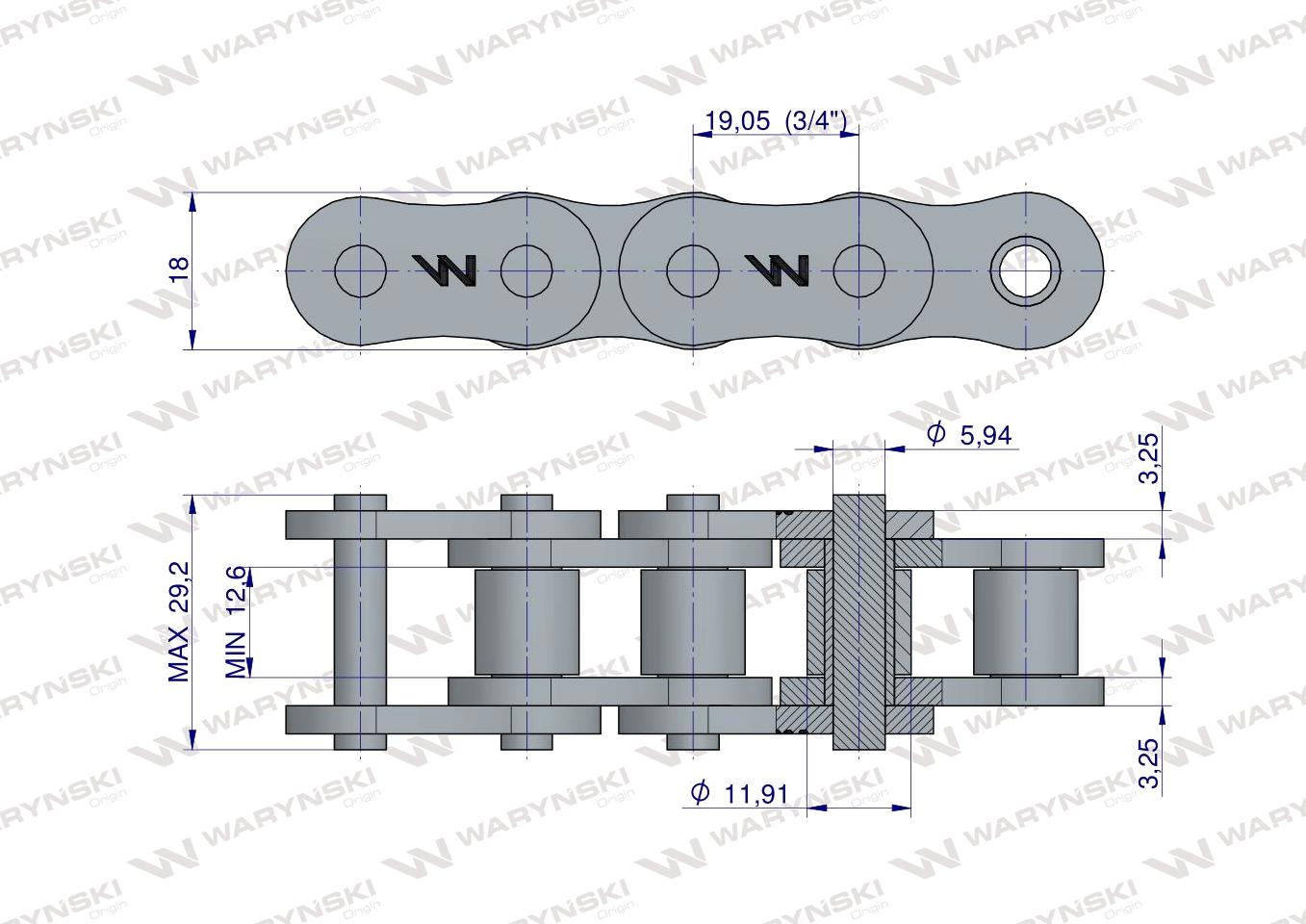 Łańcuch rolkowy 12AH-1 ANSI A 60H (R1 3/4) Waryński ( sprzedawane po 20m )