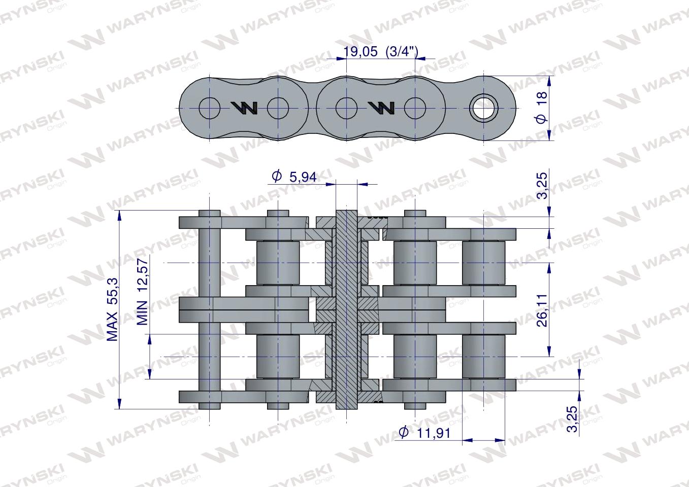 Łańcuch rolkowy wzmocniony przemysłowy 12AH-2 ANSI A 60H (R2 3/4) 5 m Waryński