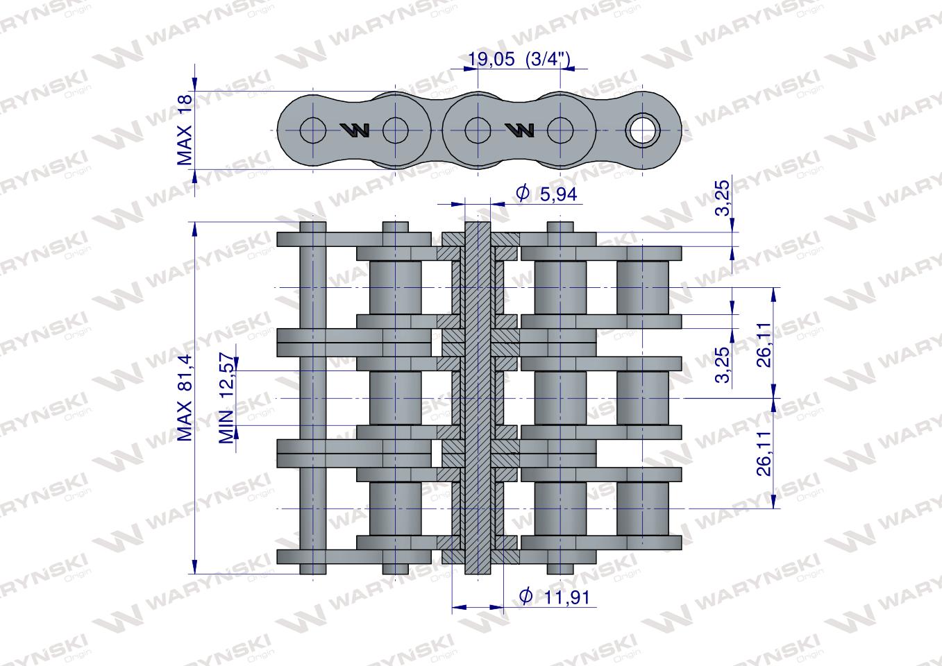 Łańcuch rolkowy wzmocniony przemysłowy 12AH-3 ANSI A 60H (R3 3/4) 5 m Waryński