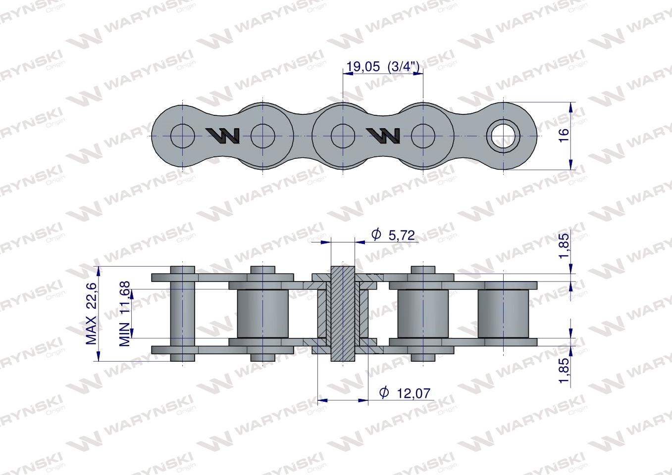 Łańcuch rolkowy 12B-1-144PZ (R1 3/4) adaptera A1H zastosowanie Rozrzutnik Waryński 
