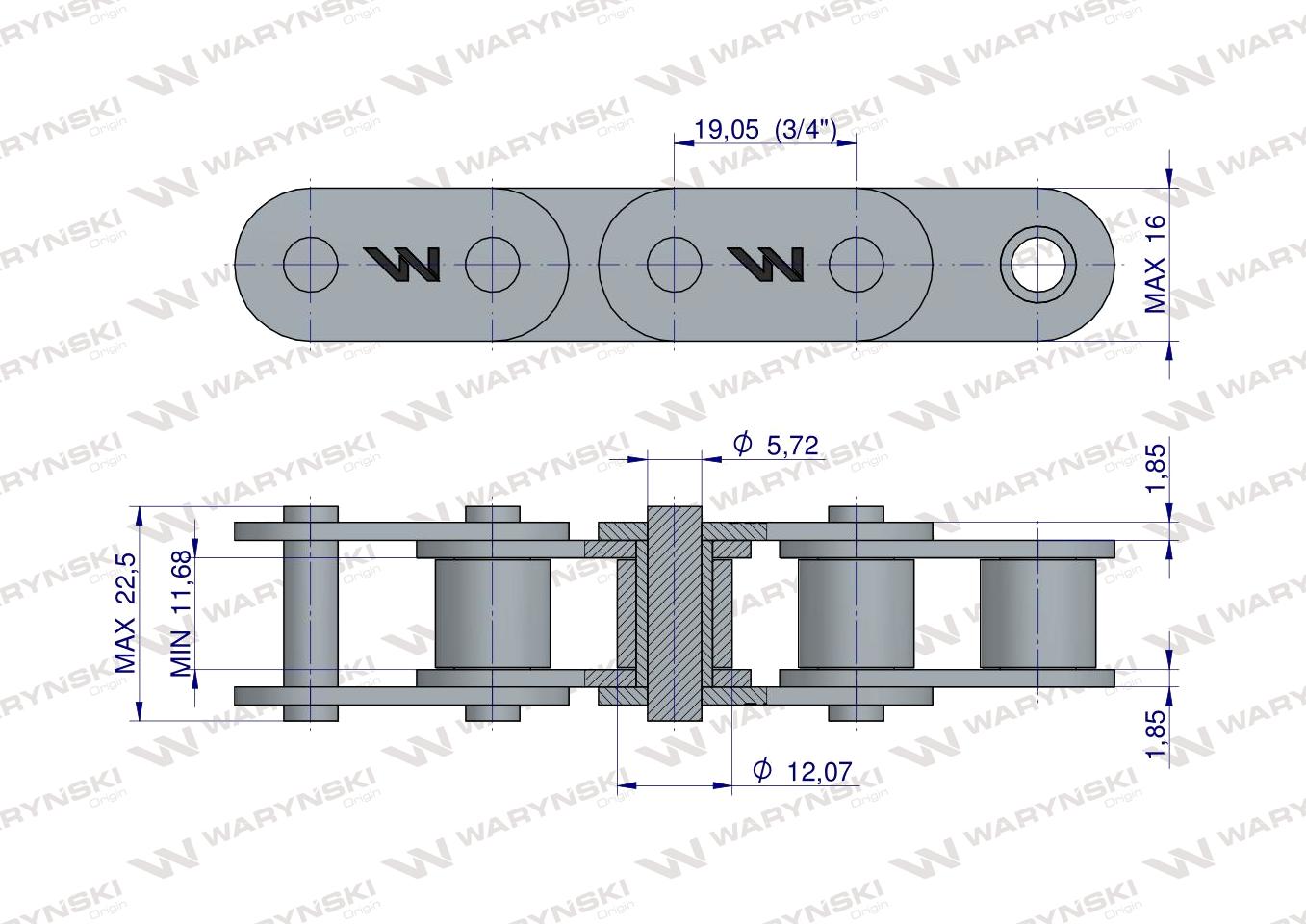 Łańcuch rolkowy prosta płytka 12B-1 (R1 3/4) 5 m Waryński