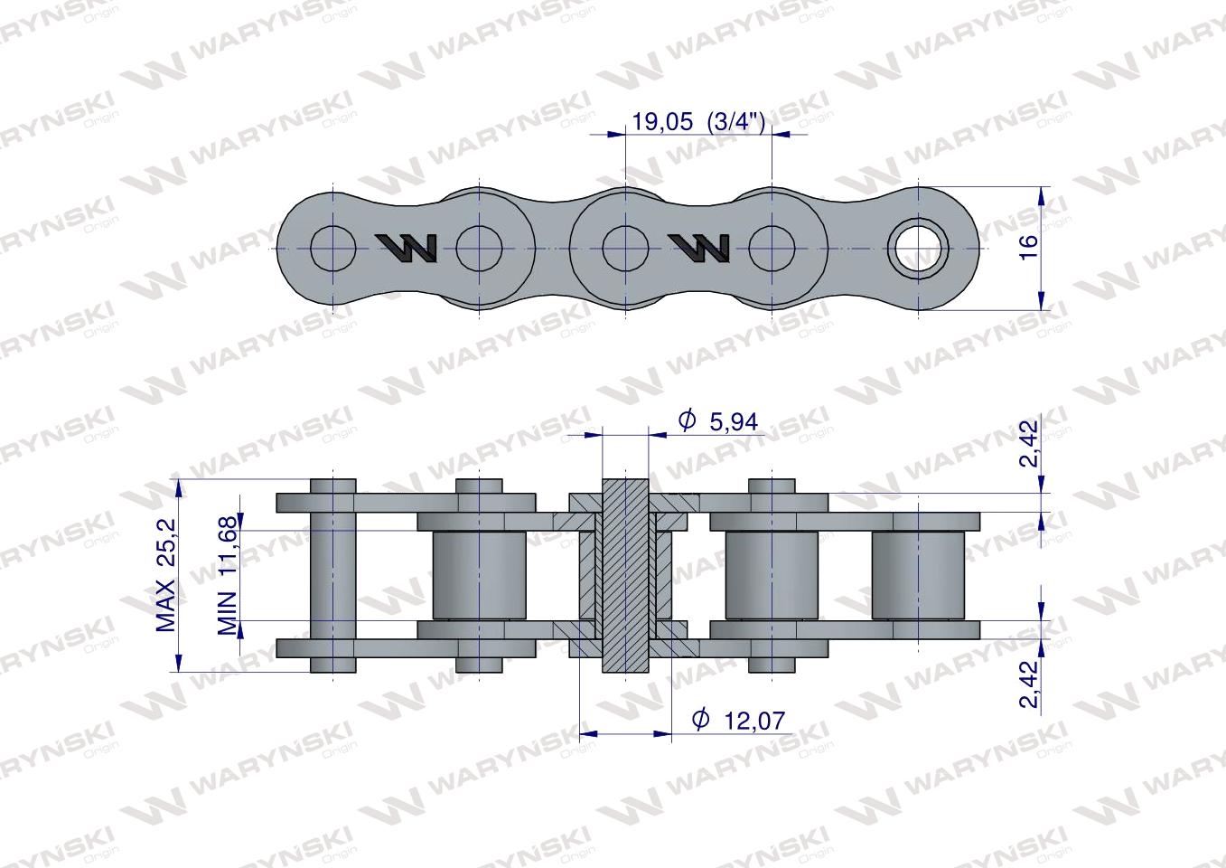 Łańcuch rolkowy wzmocniony przemysłowy 12BH-1(R1 3/4) 2.5 m Waryński