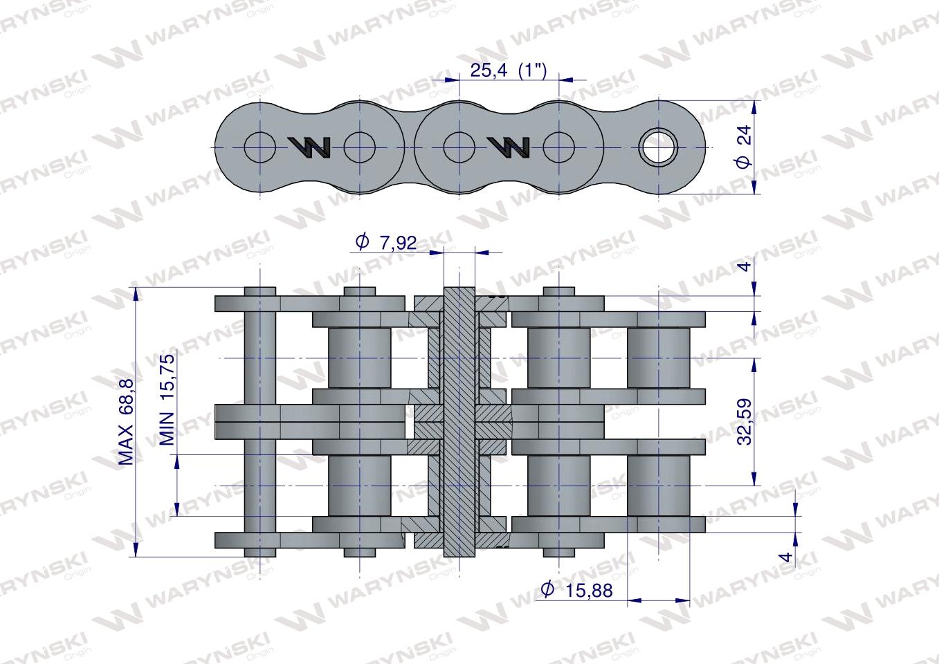 Łańcuch rolkowy wzmocniony przemysłowy 16AH-2 ANSI A 80H (R2 1) 5 m Waryński