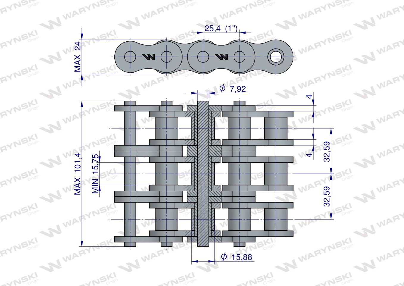 Łańcuch rolkowy wzmocniony przemysłowy 16AH-3 ANSI A 80H (R3 1) 5 m Waryński