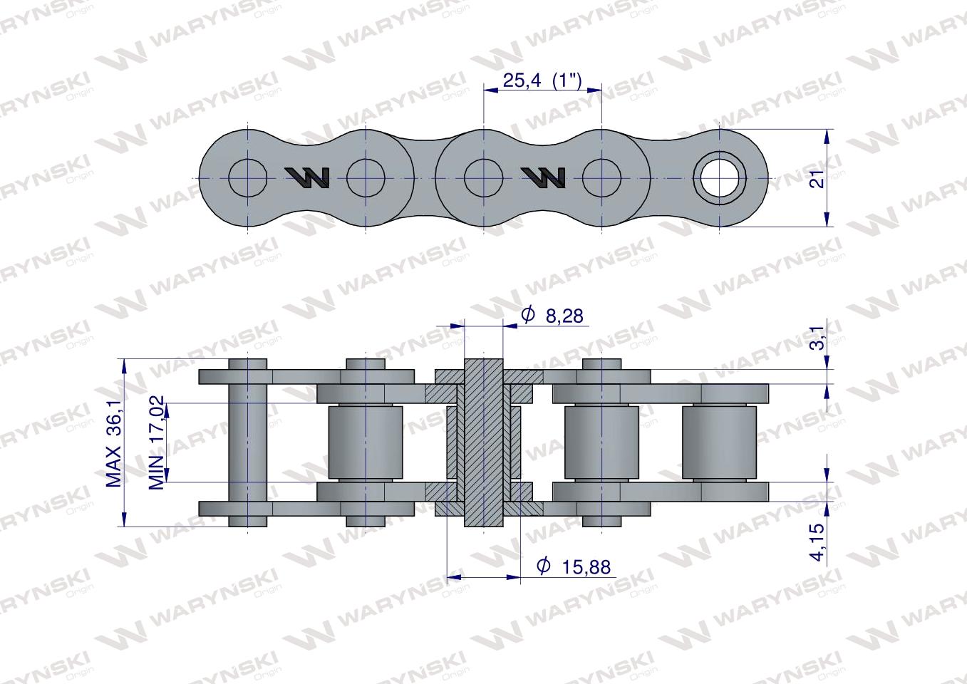 Łańcuch rolkowy 16B-1 (R1 1) Waryński ( sprzedawane po 10m )