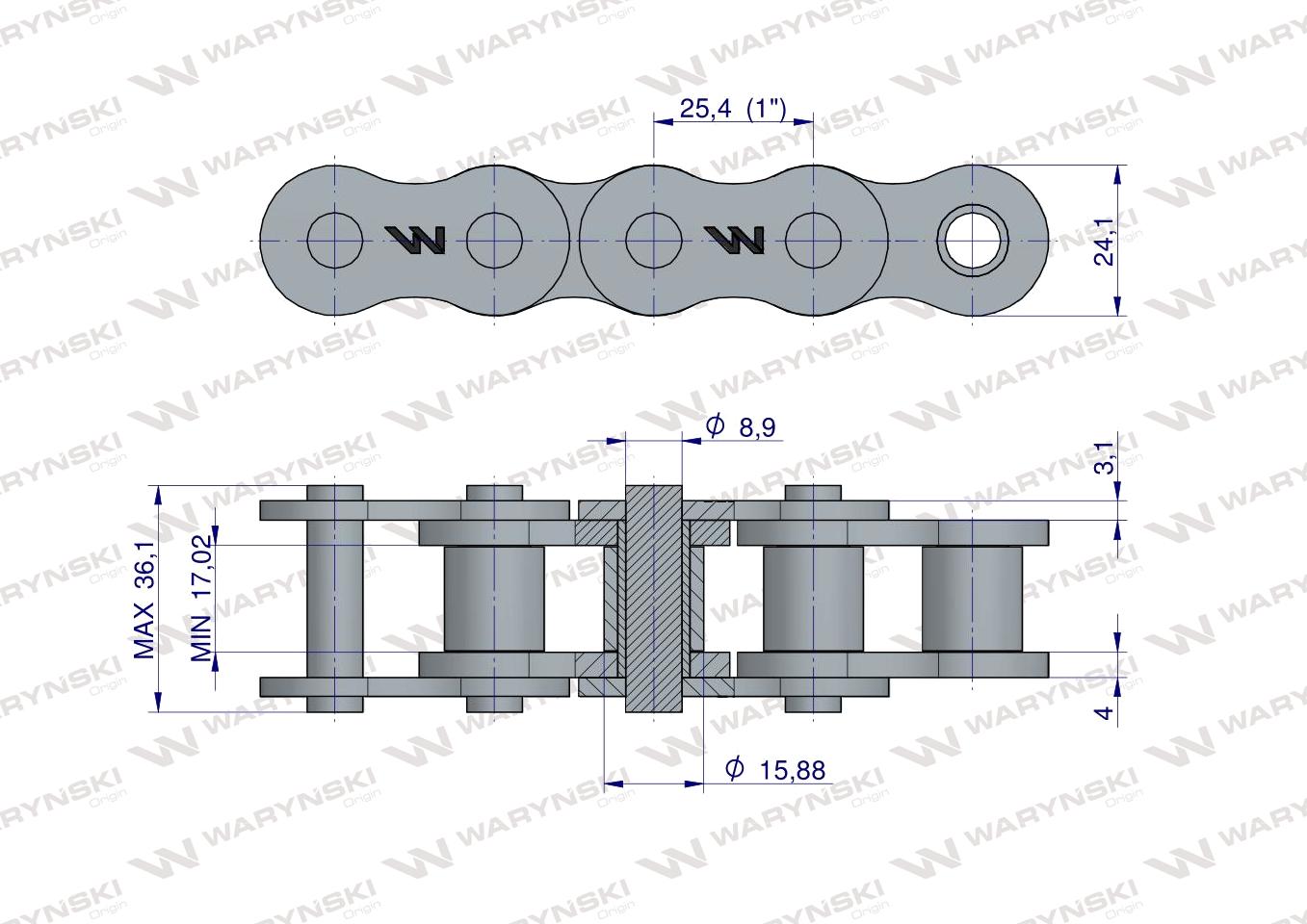 Łańcuch rolkowy wzmocniony przemysłowy 16BH-1 (R1 1) 2.5 m Waryński