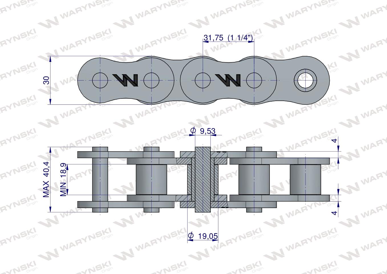 Łańcuch rolkowy wzmocniony 20A-1 ANSI A 100 (R1 1.1/4) 5 m Waryński