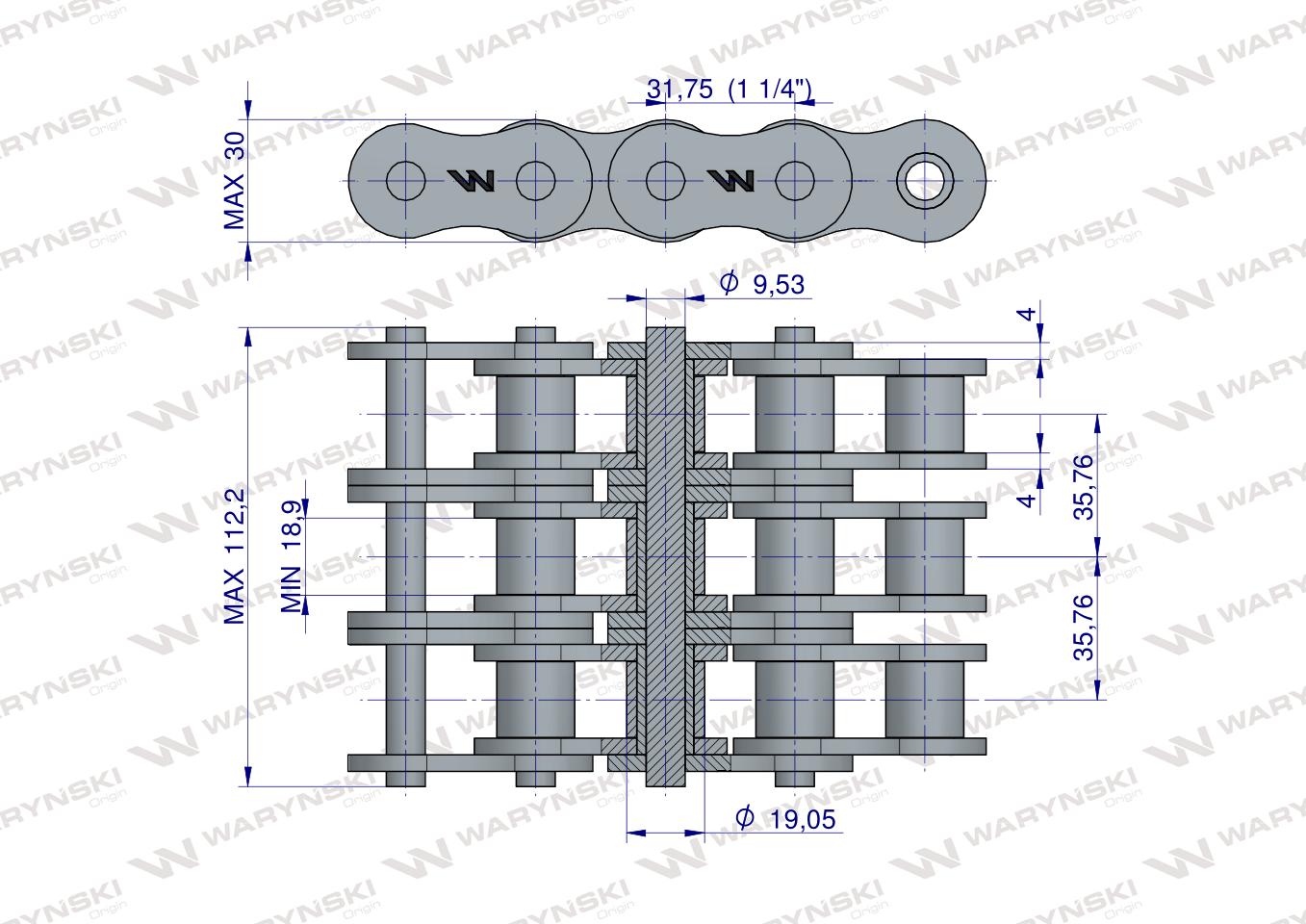 Łańcuch rolkowy wzmocniony 20A-3 ANSI A 100 (R3 1.1/4) 5 m Waryński