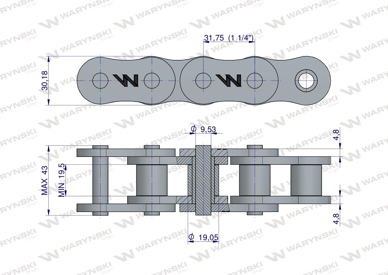 Łańcuch rolkowy wzmocniony przemysłowy 20AH-1 ANSI A 100H (R1 1.1/4) 5 m Waryński