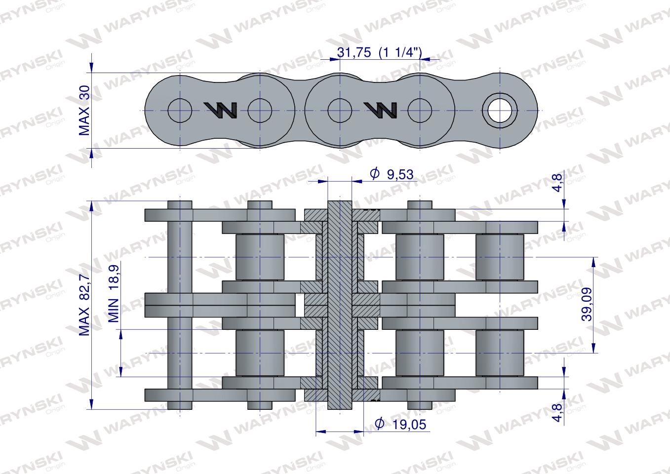 Łańcuch rolkowy wzmocniony przemysłowy 20AH-2 ANSI A 100H (R2 1.1/4) 5 m Waryński