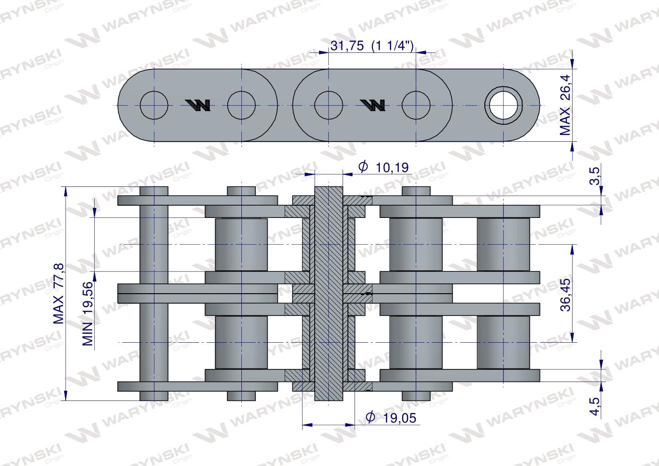Łańcuch rolkowy prosta płytka 20B-2 (R2 1.1/4) 5 m Waryński