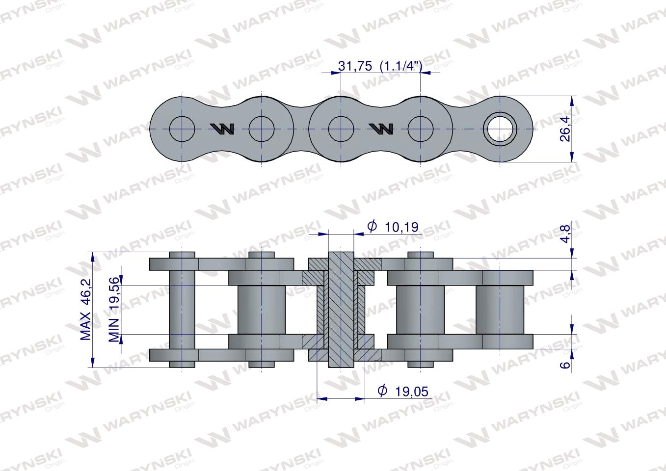 Łańcuch rolkowy wzmocniony przemysłowy 20BH-1 (R1 1.1/4) 2.5 m Waryński