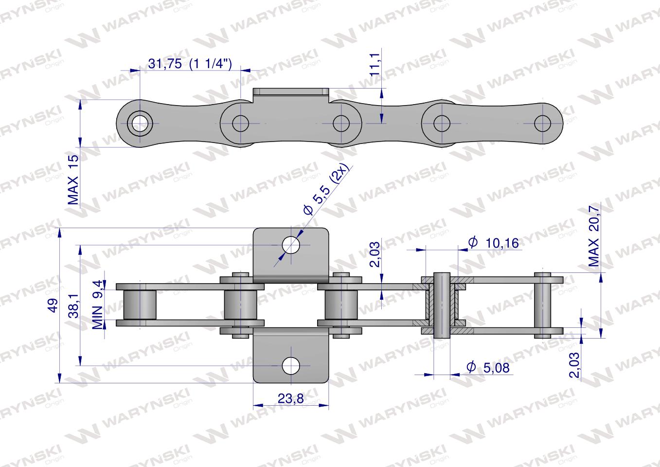Łańcuch podajnika A2050 210A (R1 1.1/4) łapka K1 co 6 ogniwo 5m Waryński