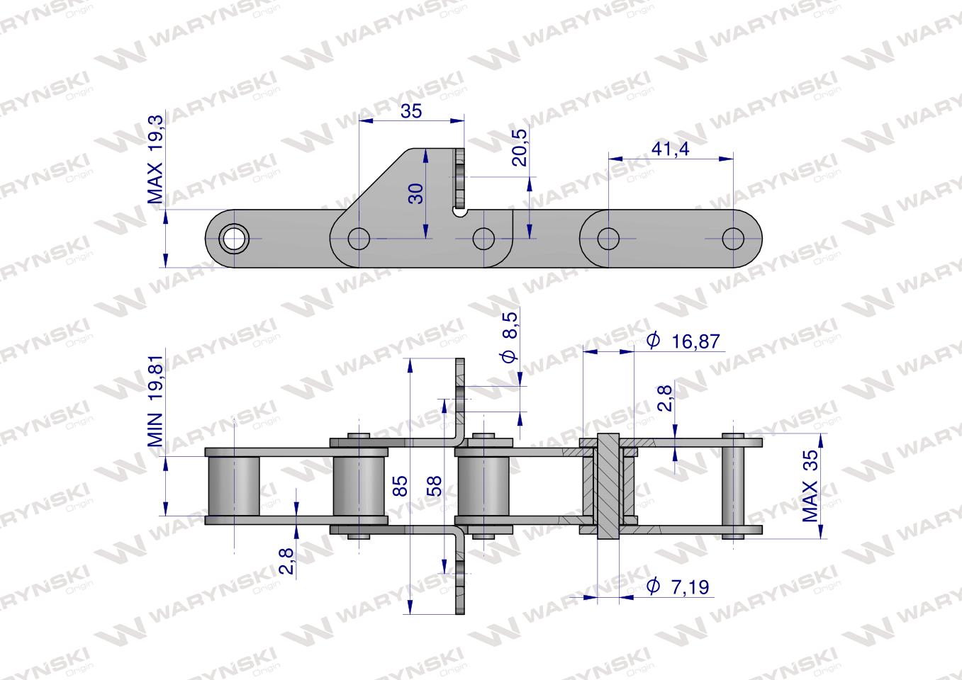 Łańcuch podajnika CA550 łapka F1/SD co 4 ogniwa 5m Waryński