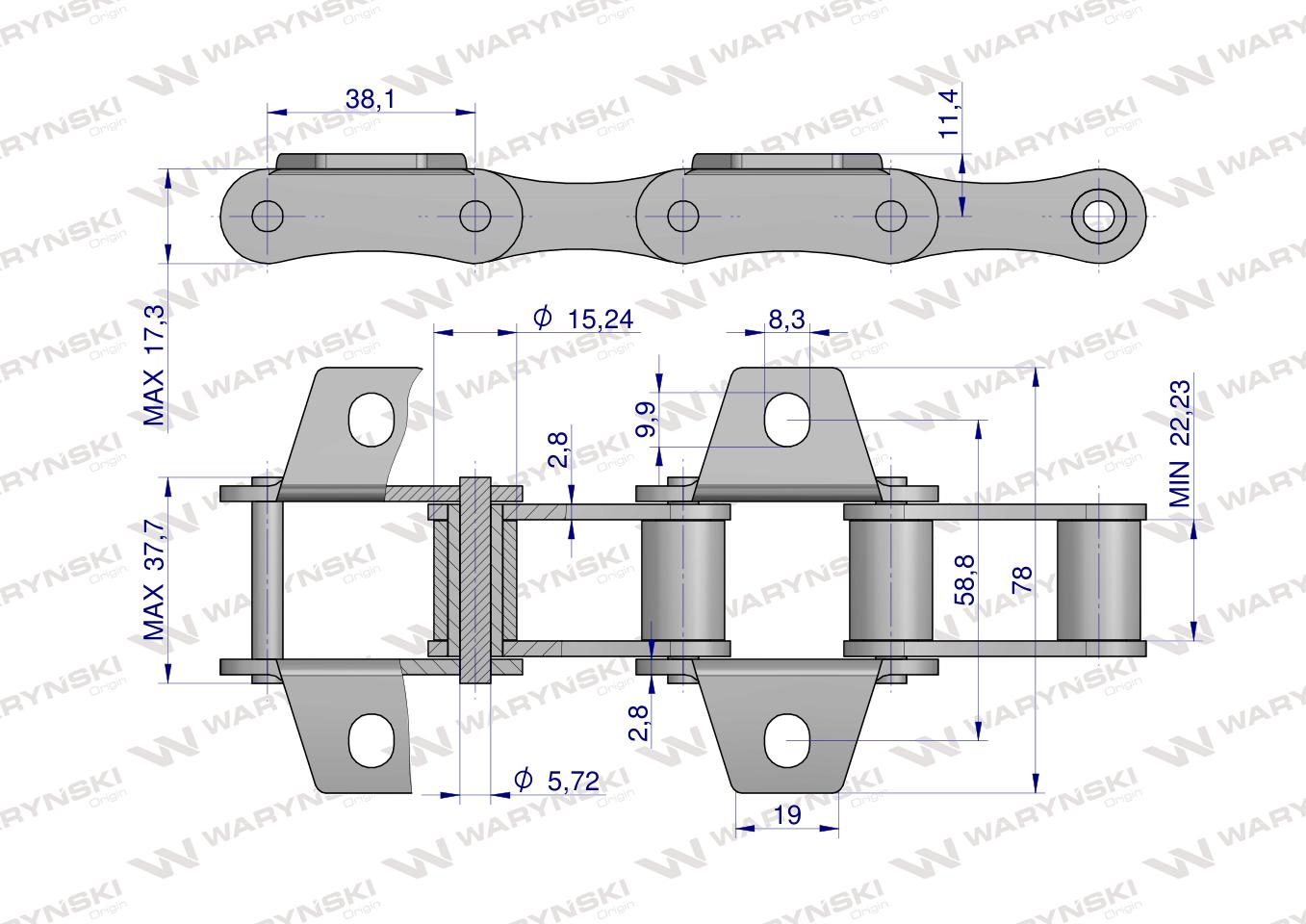 Łańcuch podajnika S52 łapka K1 co 2 ogniwa 5m Waryński
