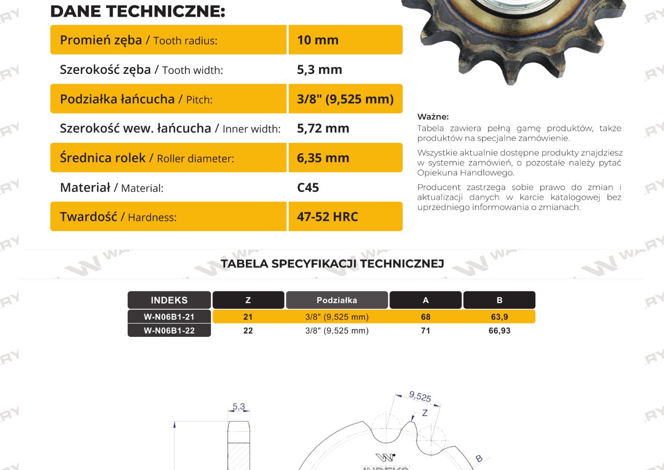 Koło, zębate napinacza z łożyskiem 06B-1 (R1 3/8) Z-22 fi 16, Waryński