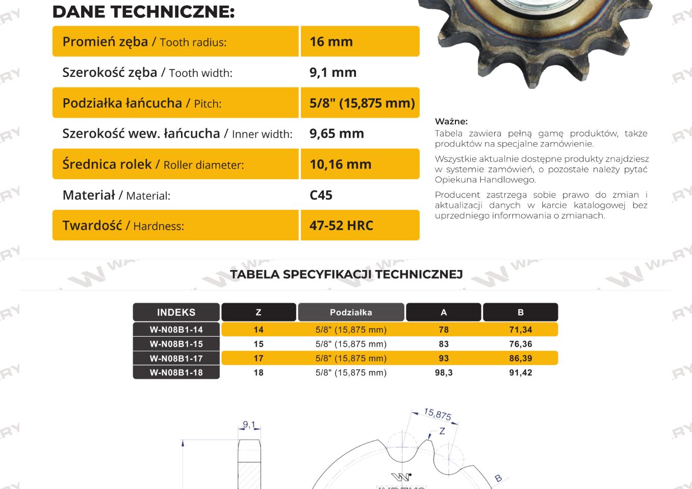 Koło, zębate napinacza z łożyskiem 10B-1 (R1 5/8) Z-15 fi 16, Waryński
