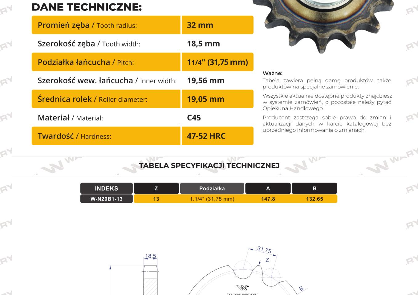 Koło, zębate napinacza z łożyskiem 20B-1 (R1 1.1/4) Z-13 fi 25, Waryński