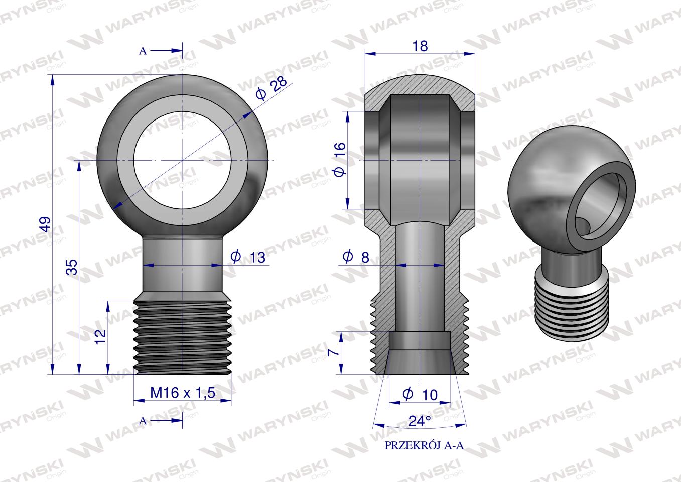 Złączka Oczkowa Fi16-10L (M16X1.5) Waryński  ( sprzedawane po 2 )