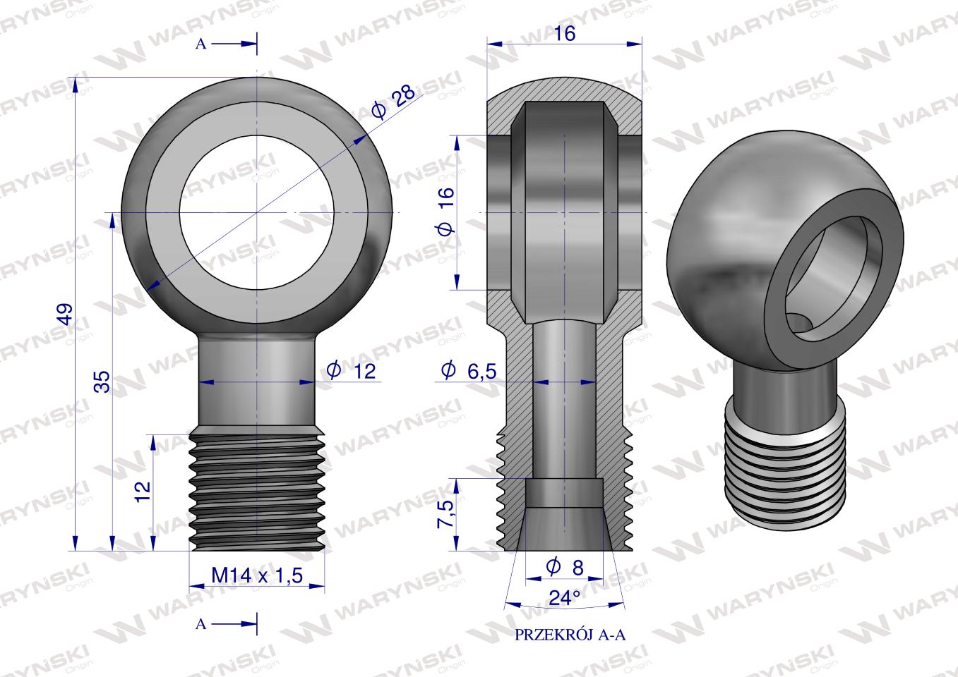 Złączka Oczkowa Fi16-8L (M14X1.5) Waryński  ( sprzedawane po 2 )
