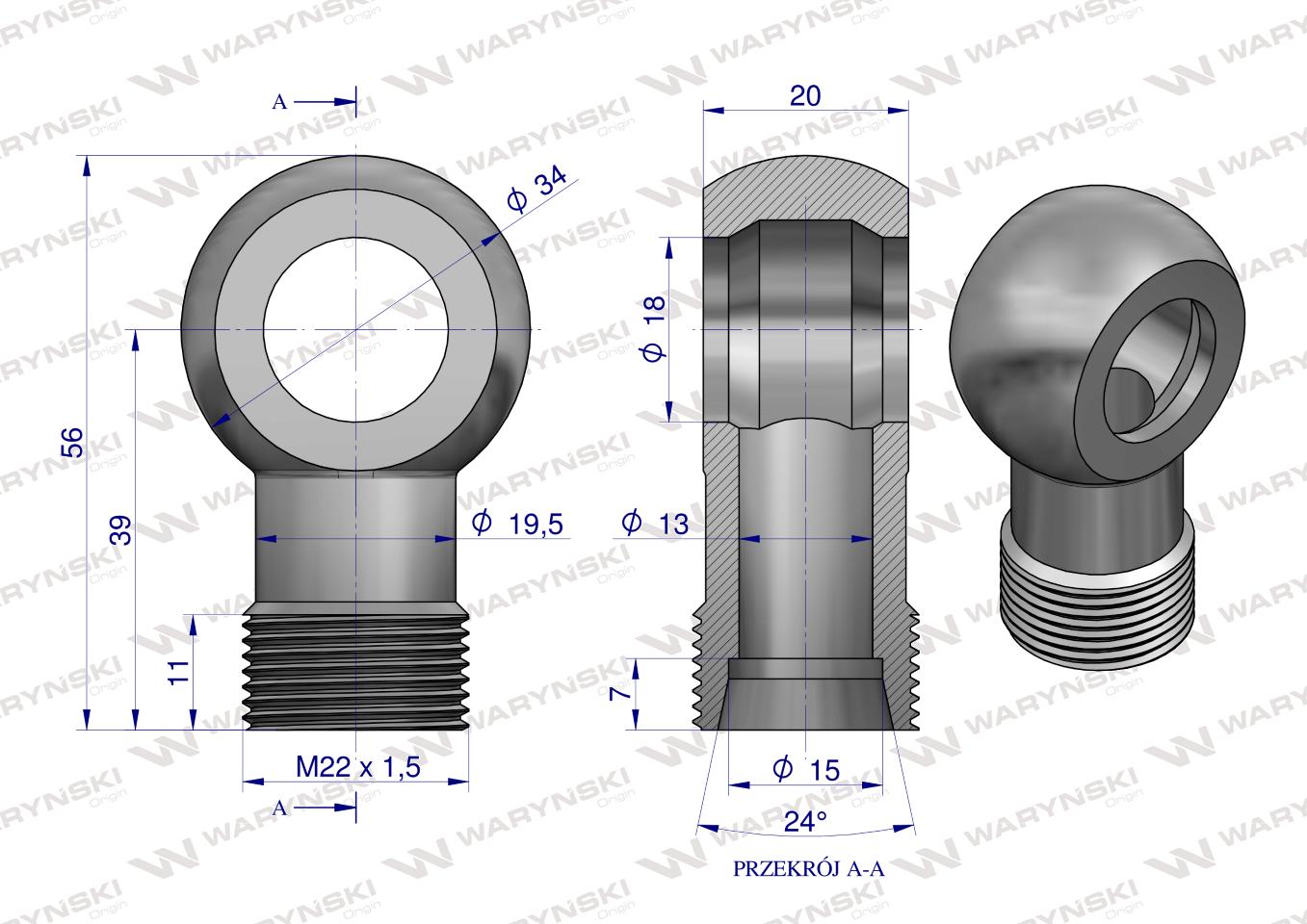 Złączka Oczkowa Fi18-15L (M22X1.5) Waryński  ( sprzedawane po 2 )