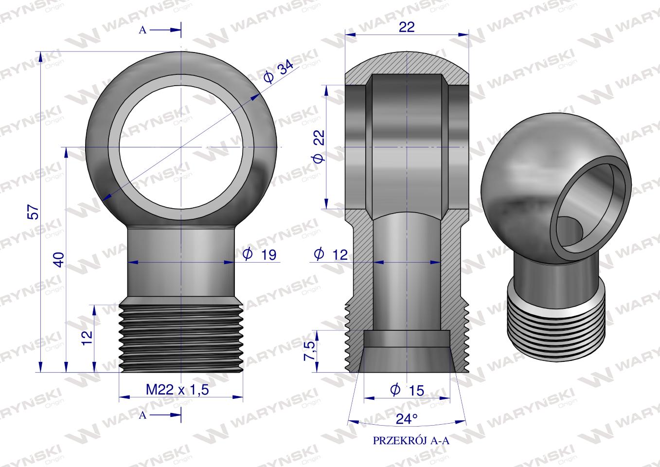Złączka Oczkowa Fi22-15L (M22X1.5) Waryński  ( sprzedawane po 2 )