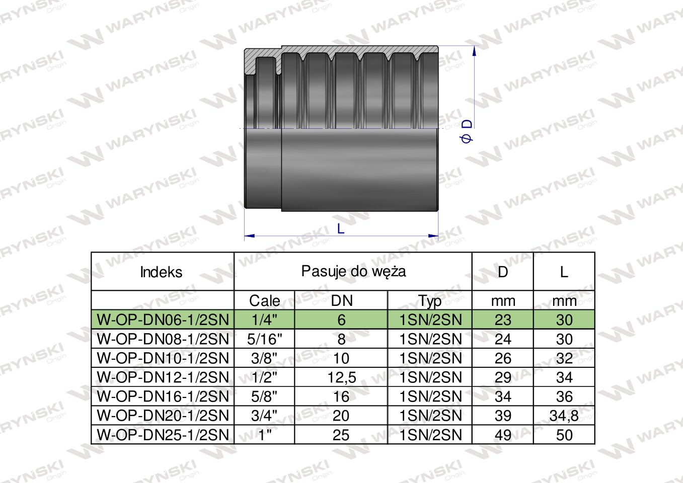 Tuleja (oprawka) uniwersalna do węży DN06 1SN/2SN PERFECT-SMOOTH Waryński ( sprzedawane po 50 )