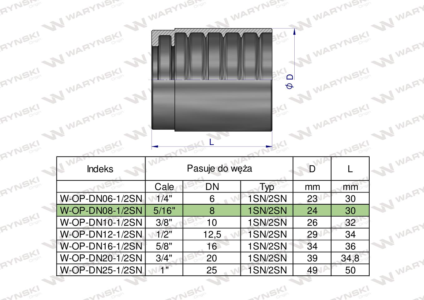 Tuleja (oprawka) uniwersalna do węży DN08 1SN/2SN PERFECT-SMOOTH Waryński ( sprzedawane po 50 )