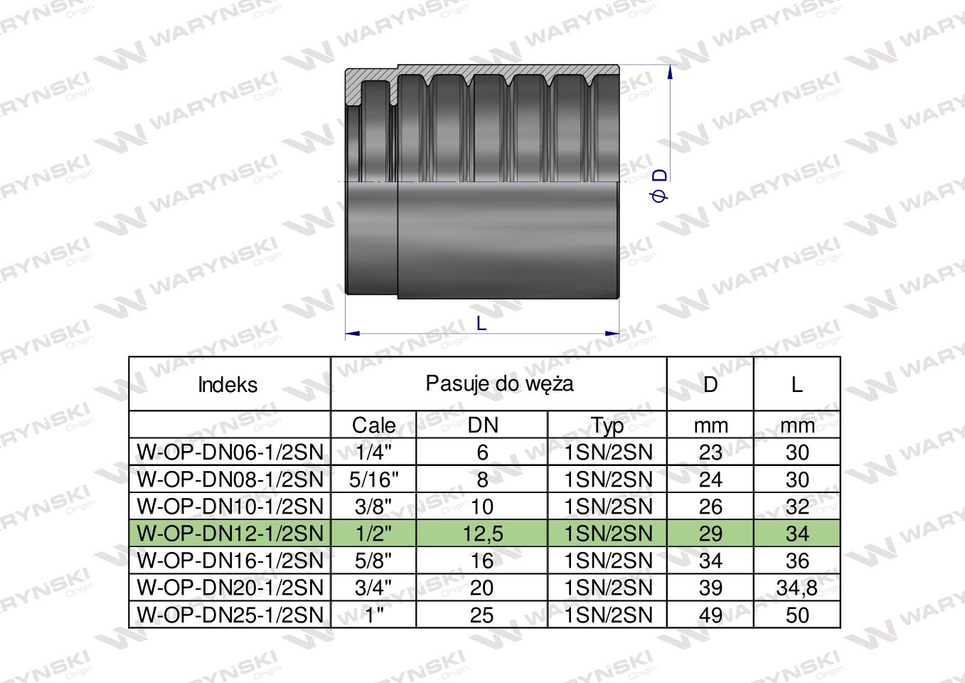 Tuleja (oprawka) uniwersalna do węży DN12 1SN/2SN PERFECT-SMOOTH Waryński ( sprzedawane po 50 )