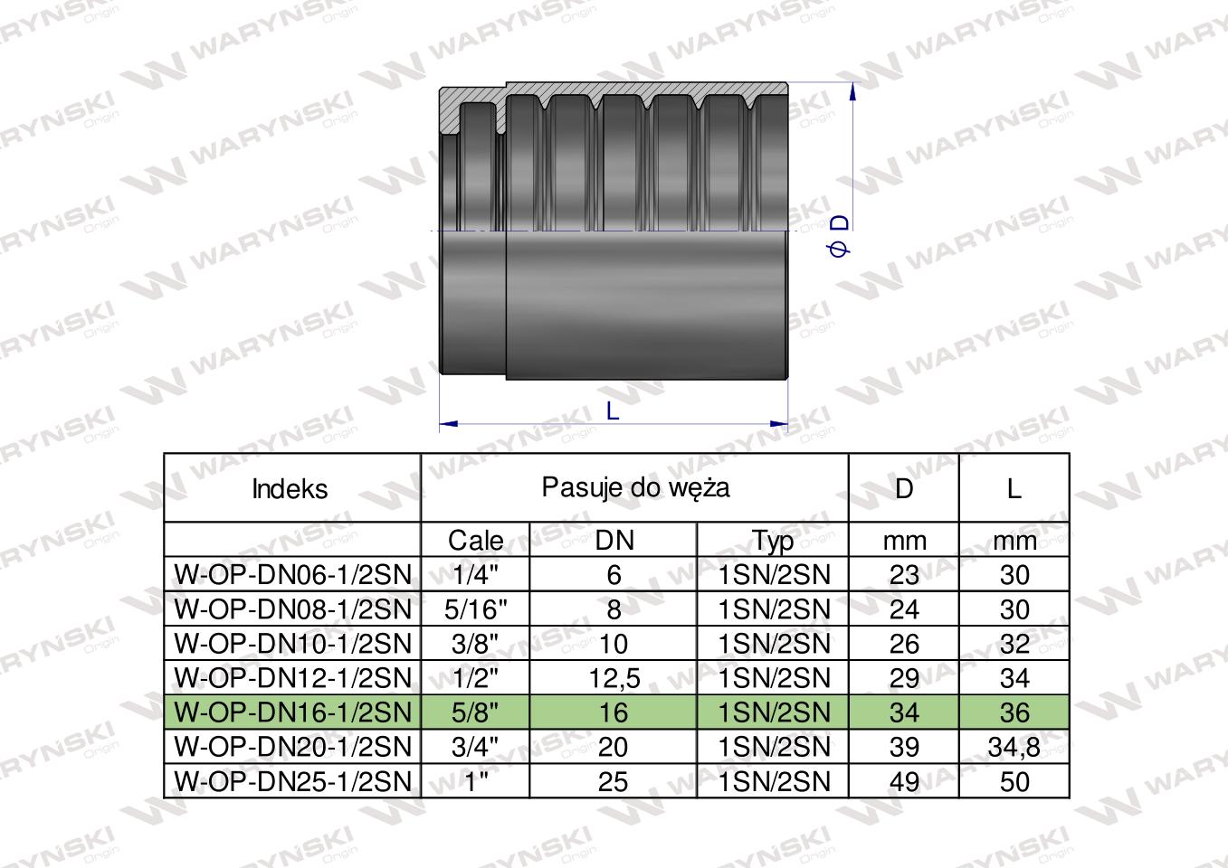 Tuleja (oprawka) uniwersalna do węży DN16 1SN/2SN PERFECT-SMOOTH Waryński ( sprzedawane po 20 )