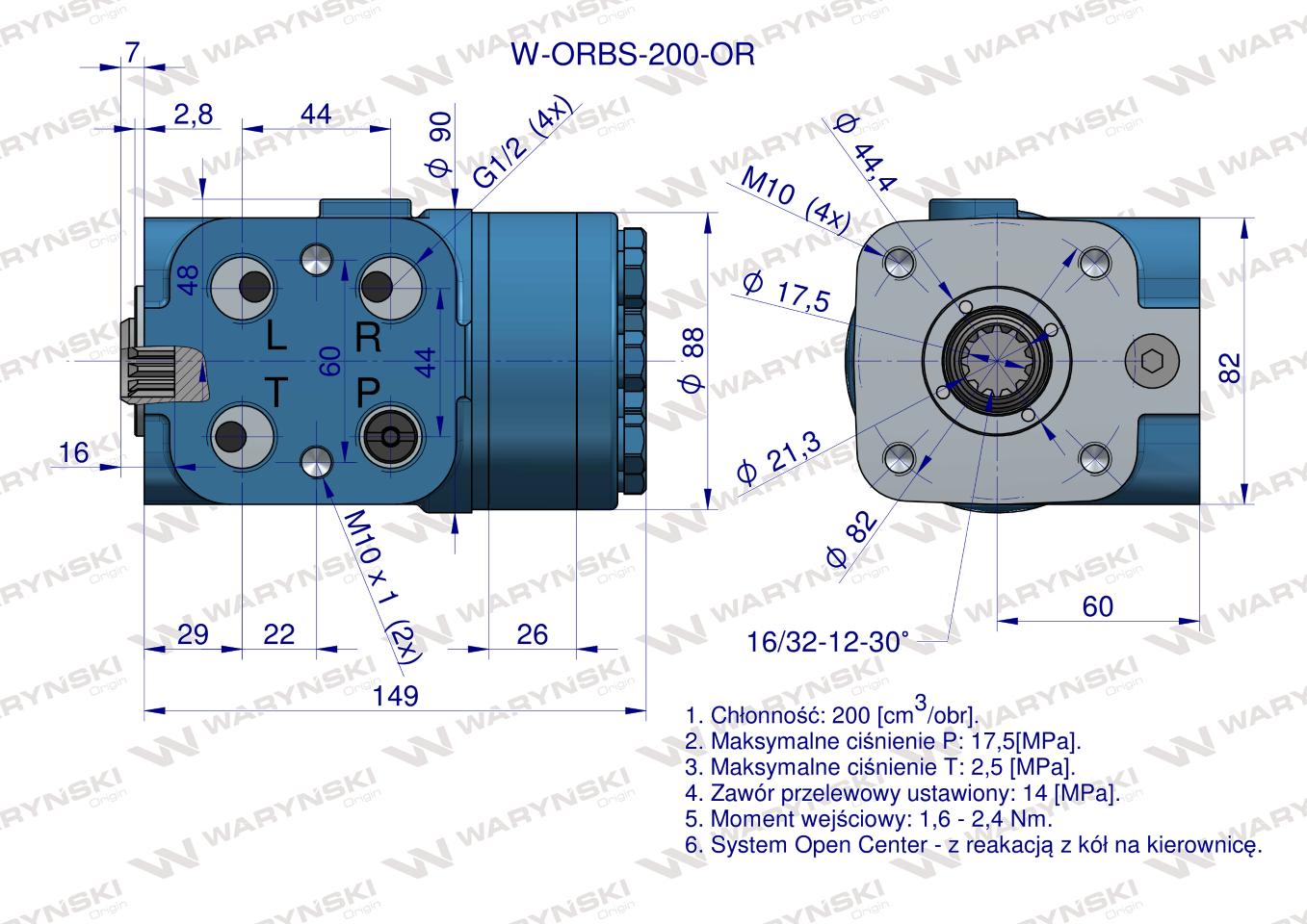 Orbitrol hydrauliczny W-ORBS-OR 200 cm3/obr z zaworami (System Open Center - z reakcją z kół na kierownicę) Waryński