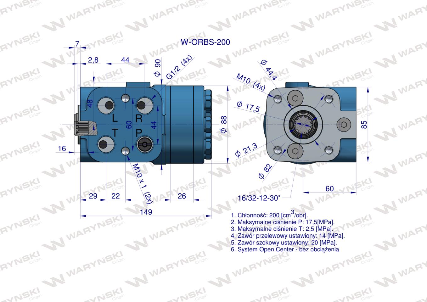 Orbitrol hydrauliczny W-ORBS 200 cm3/obr z zaworami (System Open Center - bez obciążenia) Waryński