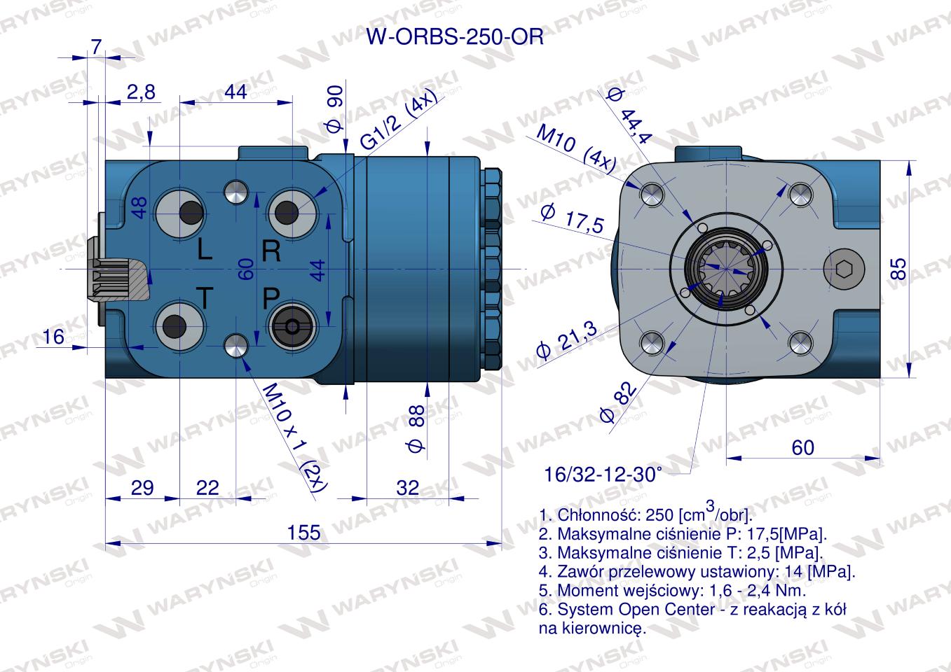 Orbitrol hydrauliczny W-ORBS-OR 250 cm3/obr z zaworami (System Open Center - z reakcją z kół na kierownicę) Waryński