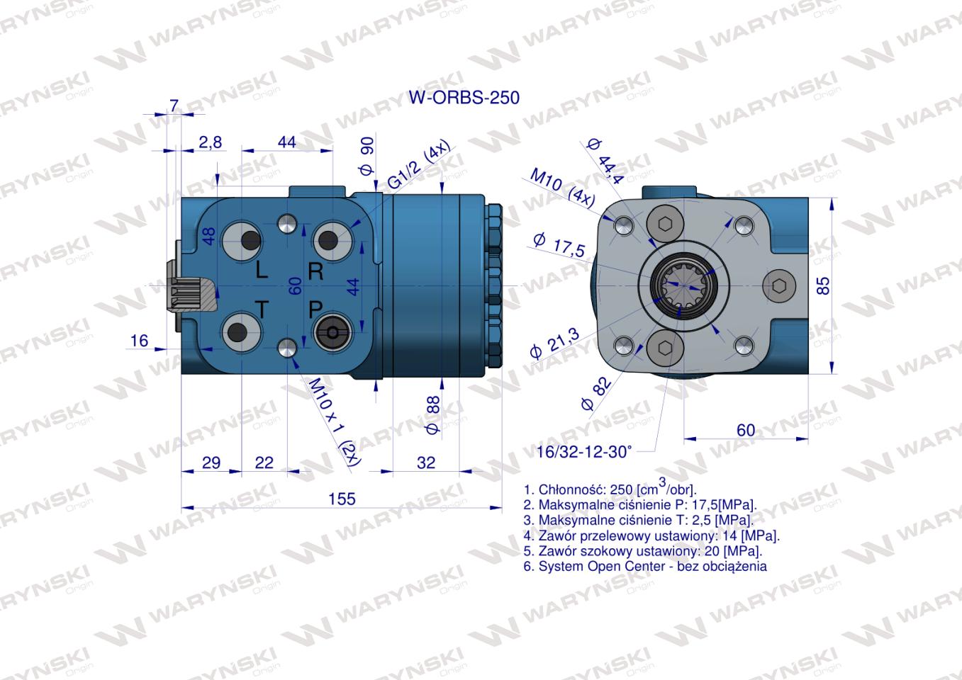 Orbitrol hydrauliczny W-ORBS 250 cm3/obr z zaworami (System Open Center - bez obciążenia) Waryński