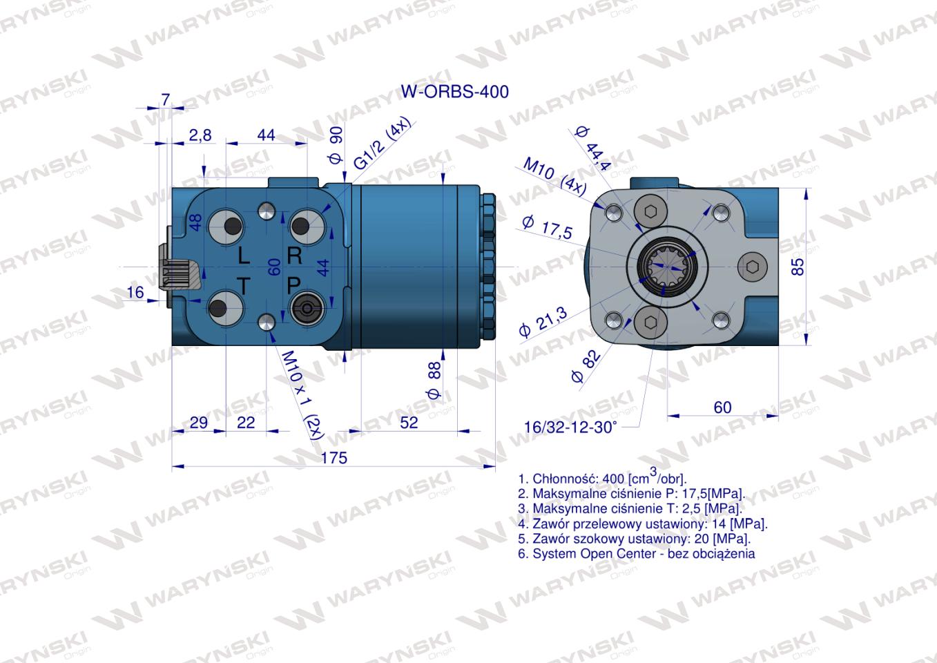 Orbitrol hydrauliczny W-ORBS 400 cm3/obr z zaworami (System Open Center - bez obciążenia) Waryński
