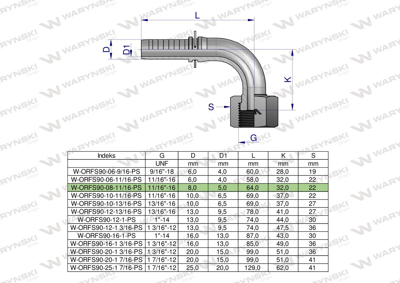 Zakucie hydrauliczne ORFS90 DN08 11/16"-16 PREMIUM Waryński ( sprzedawane po 5 )