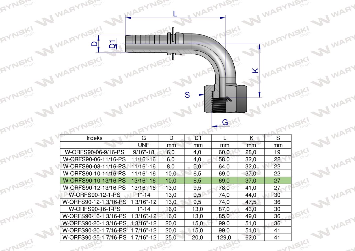 Zakucie hydrauliczne ORFS90 DN10 13/16"-16 PREMIUM Waryński ( sprzedawane po 10 )