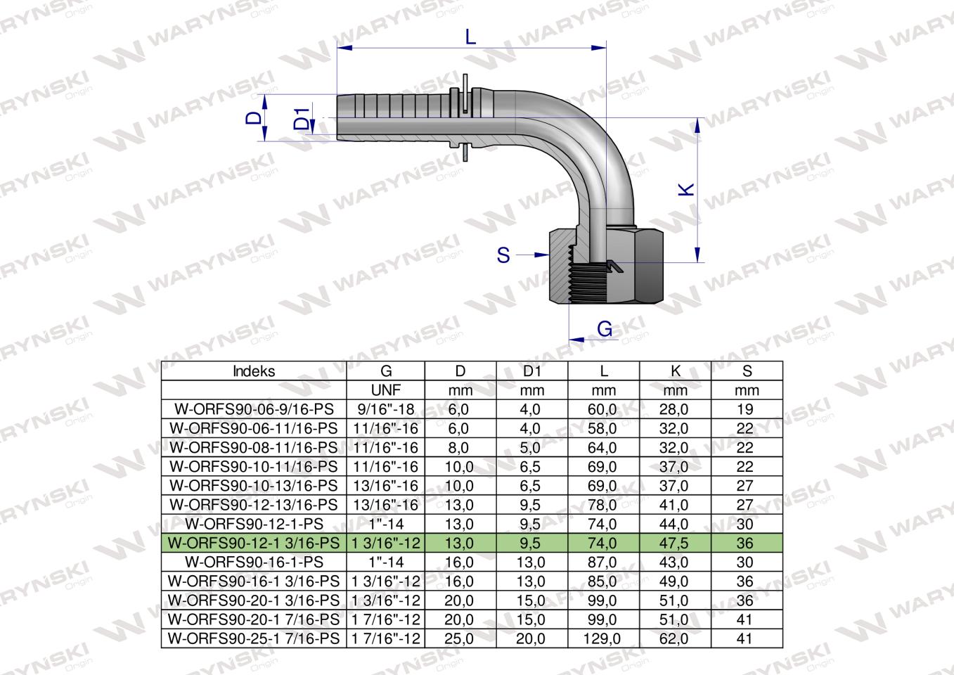 Zakucie hydrauliczne ORFS90 DN13 1 3/16"-12 PREMIUM Waryński ( sprzedawane po 2 )