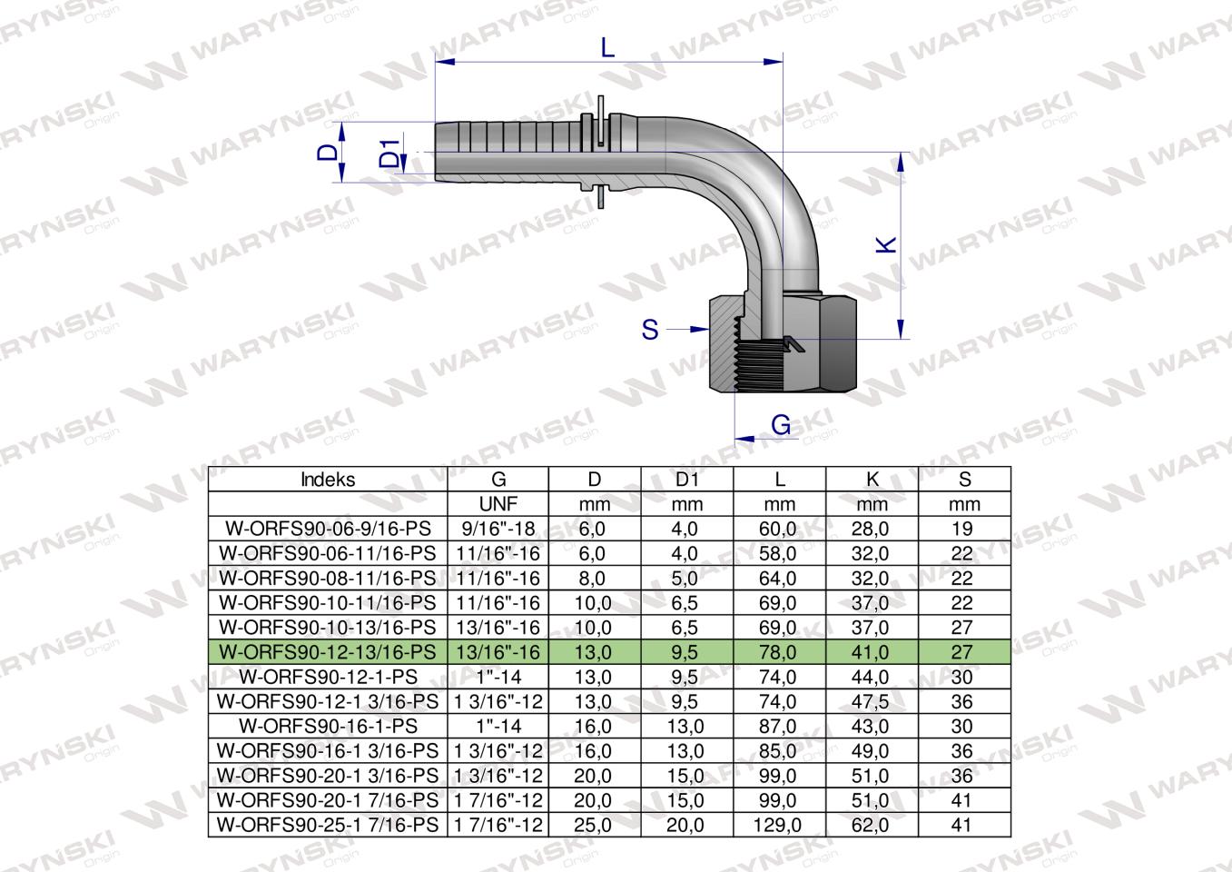 Zakucie hydrauliczne ORFS90 DN13 13/16"-16 PREMIUM Waryński ( sprzedawane po 10 )