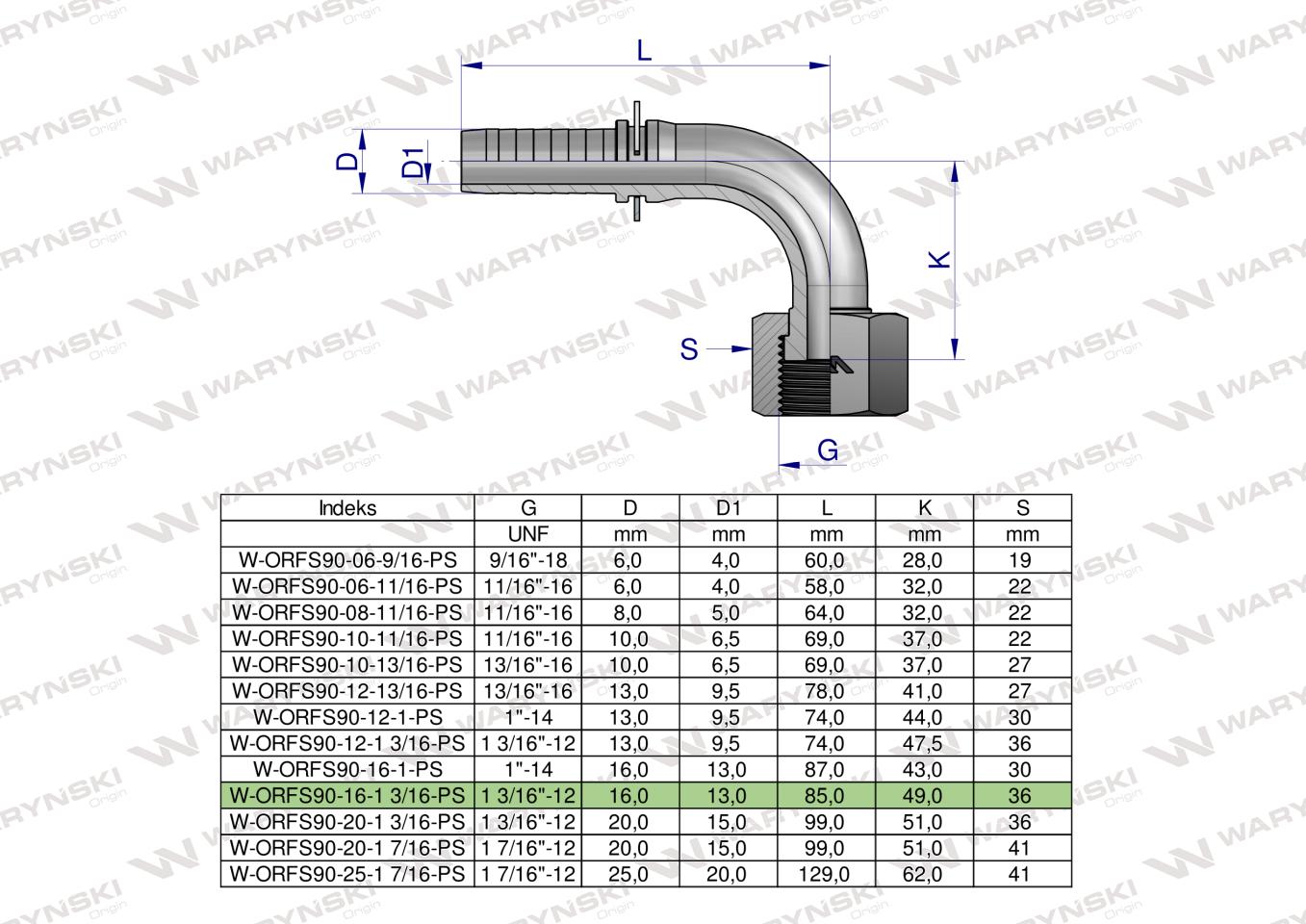 Zakucie hydrauliczne ORFS90 DN16 1 3/16"-12 PREMIUM Waryński (sprzedawane po 2 )